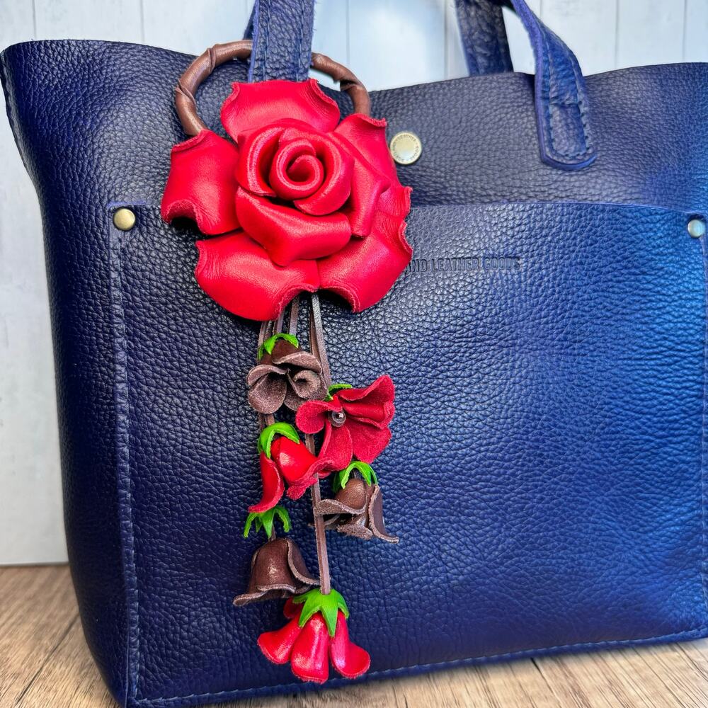 Leather Red Rose Purse Charm Genuine Leather Flower Bag Charm NEW FAST SHIP